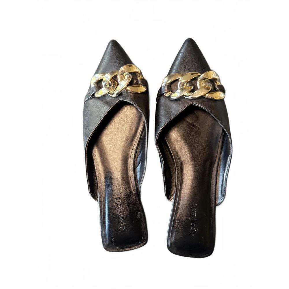 New Open Edit Black Pointed Toe Women's Mules with Chain Accent